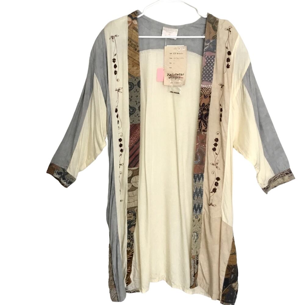 Nativewear Designs Womens Long Kimono Coat XS Cream Gray Beaded Patchy Oversize